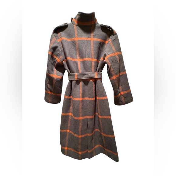 Moussy Stand Collar Long Plaid Wool Blend Coat | Grey & Burnt Orange | Small - Picture 4 of 7